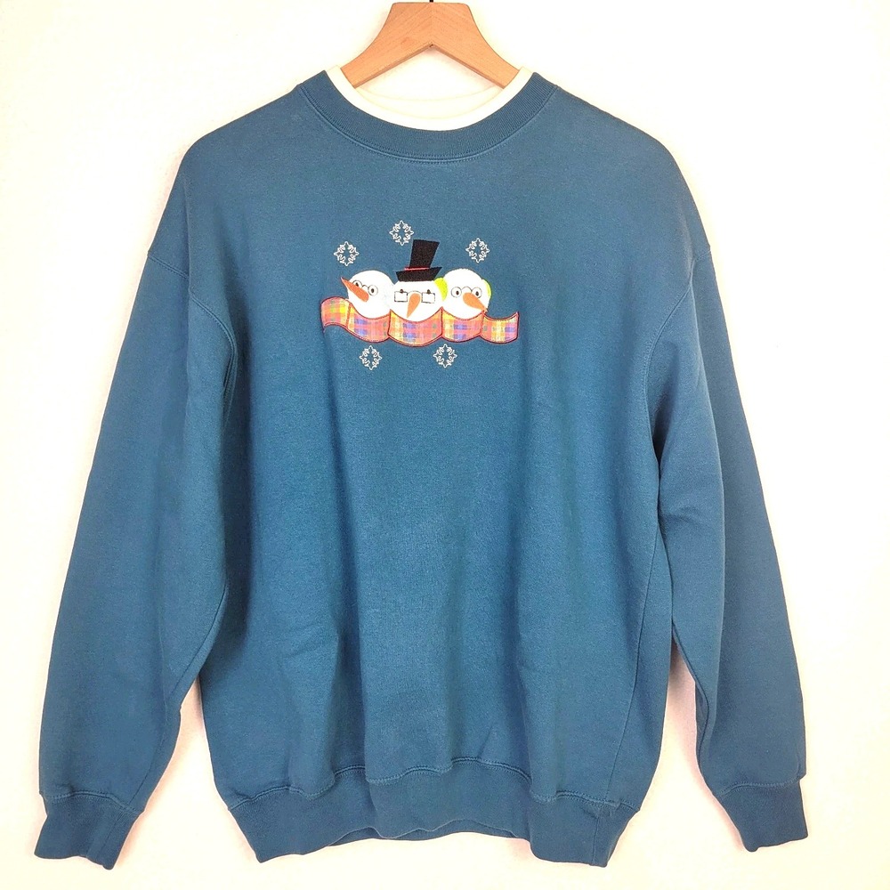 VTG‎ MC Sportswear Snowman Pullover Sweatshirt L Blue Crewneck Winter Cozy